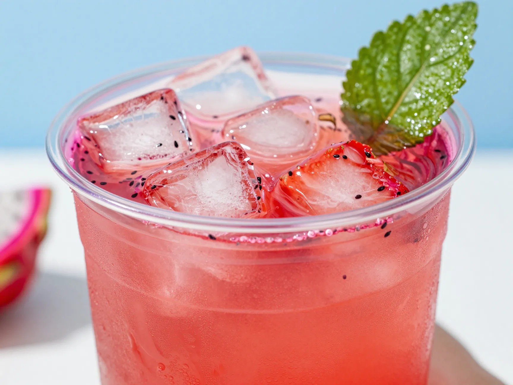Strawberry dragonfruit refresher with ice and