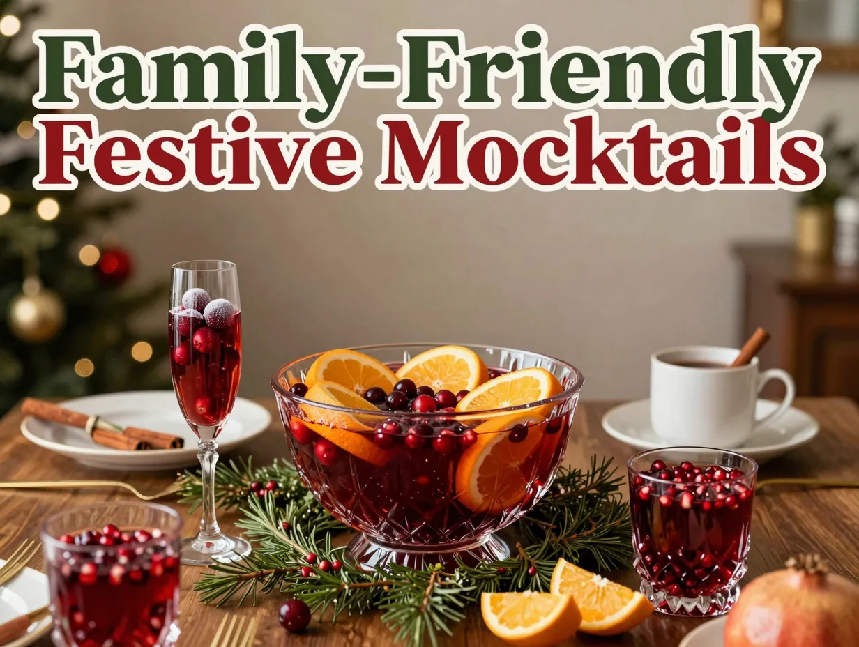 Crystal punch bowl garnished mocktails cinnamon mug holiday table
