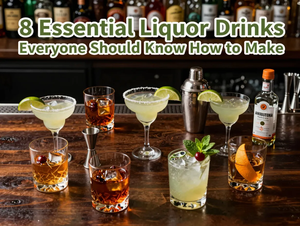 Eight cocktails flat lay home bar cover