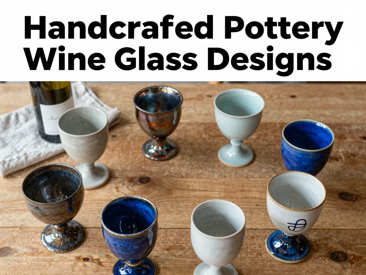 Eight pottery wine glasses ceramic techniques flat lay wooden table