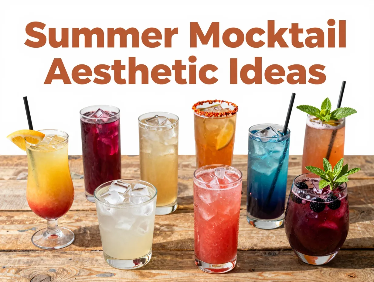 Eight visually stunning mocktails flat lay clear glassware rustic table