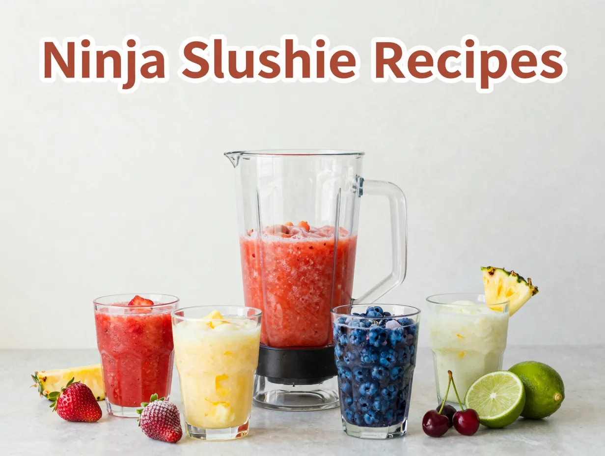 Ninja blender flat lay four colorful slushie recipes with fresh fruit