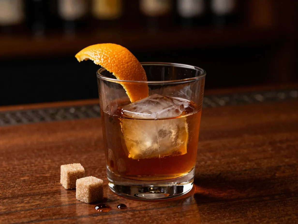 A classic old fashioned cocktail with a large ice cube