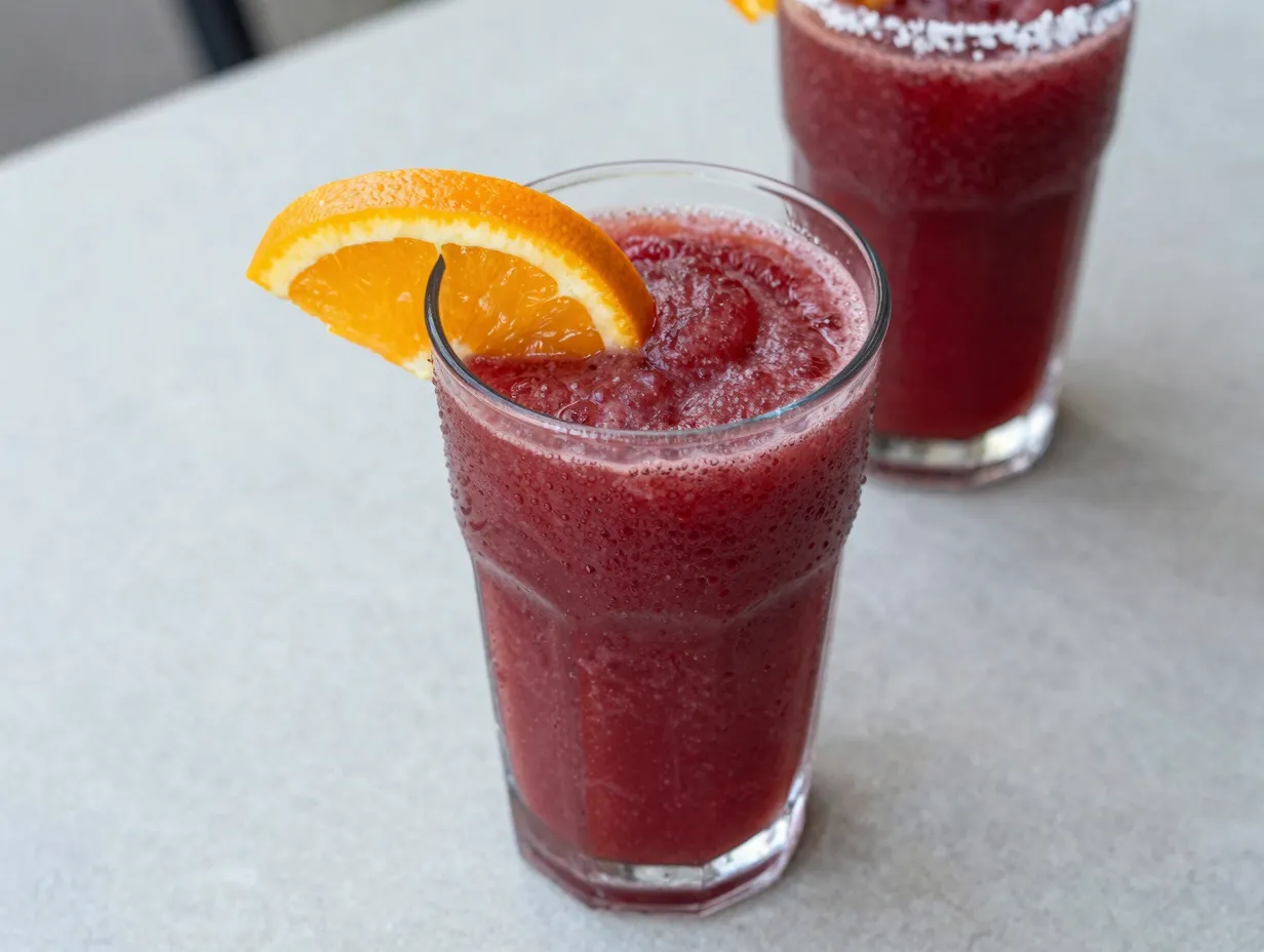 Classic fruit punch slushie in clear glass with colorful garnishes