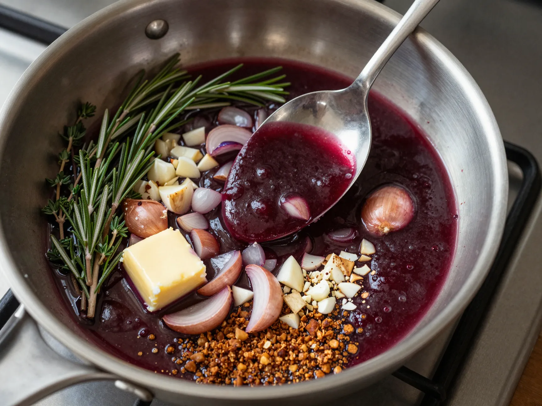 Classic red wine reduction with shallots and fresh herbs in pan