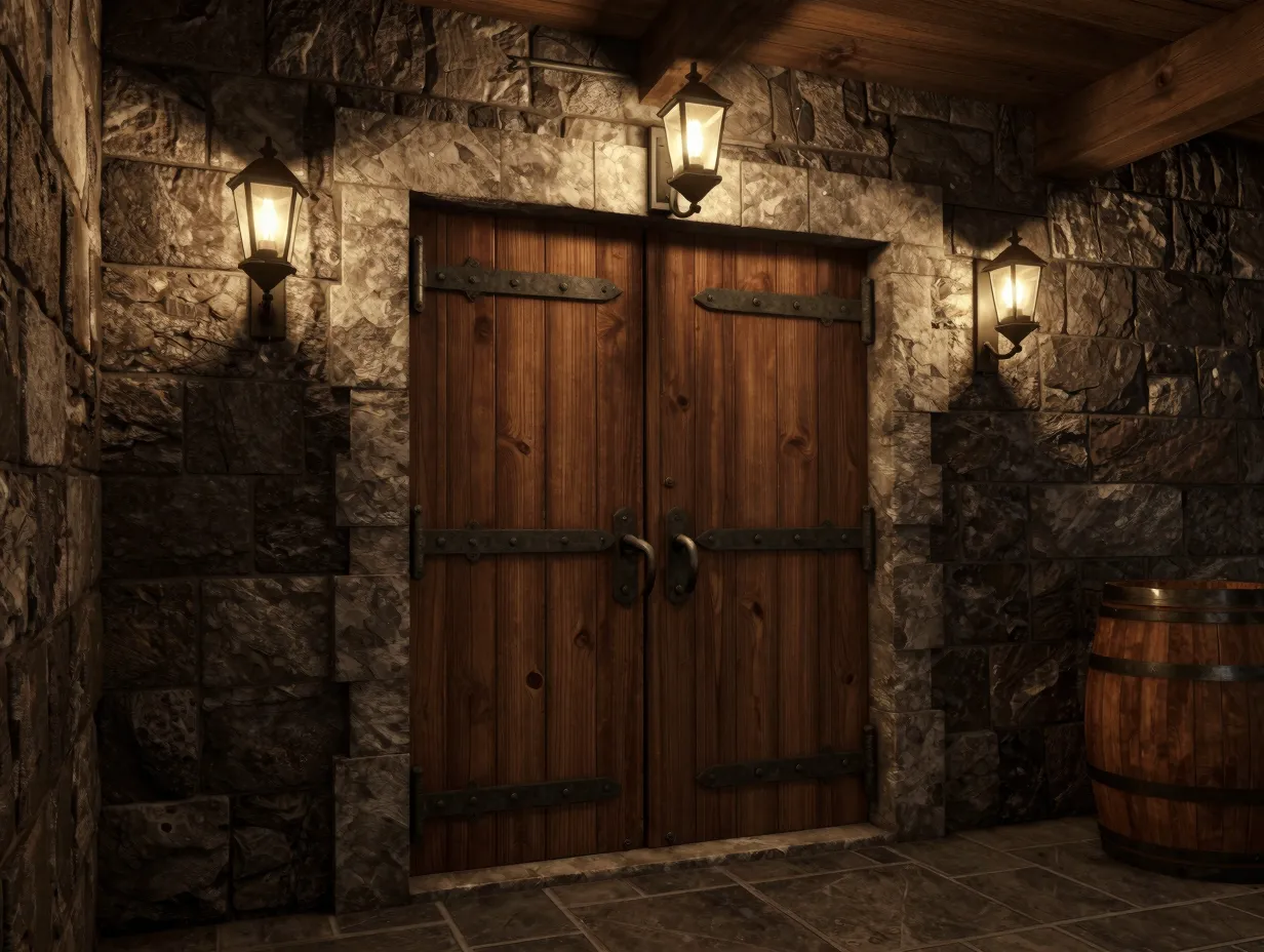 Classic wooden cellar door entrance with stone frame and lantern