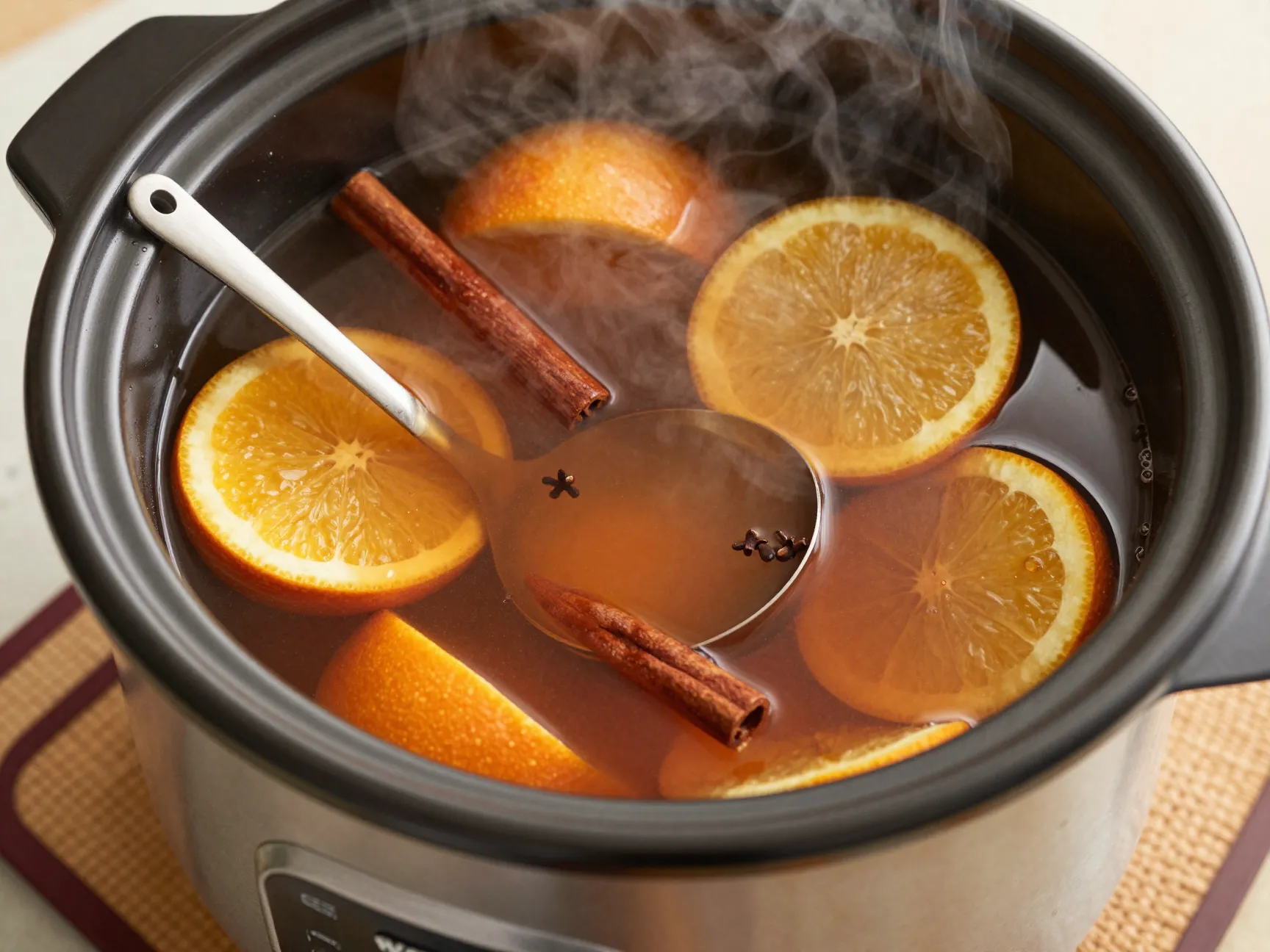 High quality hot apple cider in a slow cooker with spices