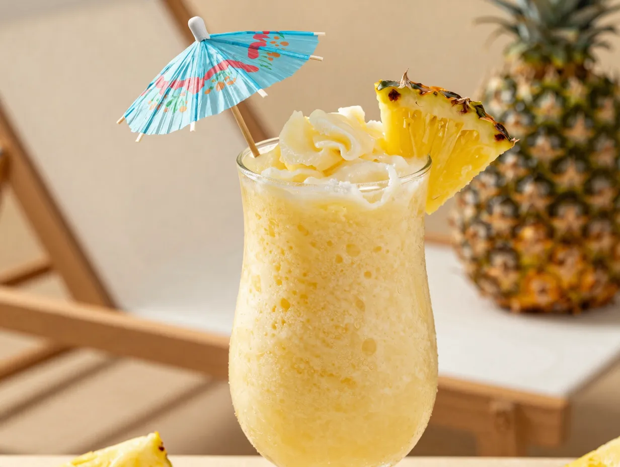 Creamy pineapple pina colada mocktail in chilled glass with garnish