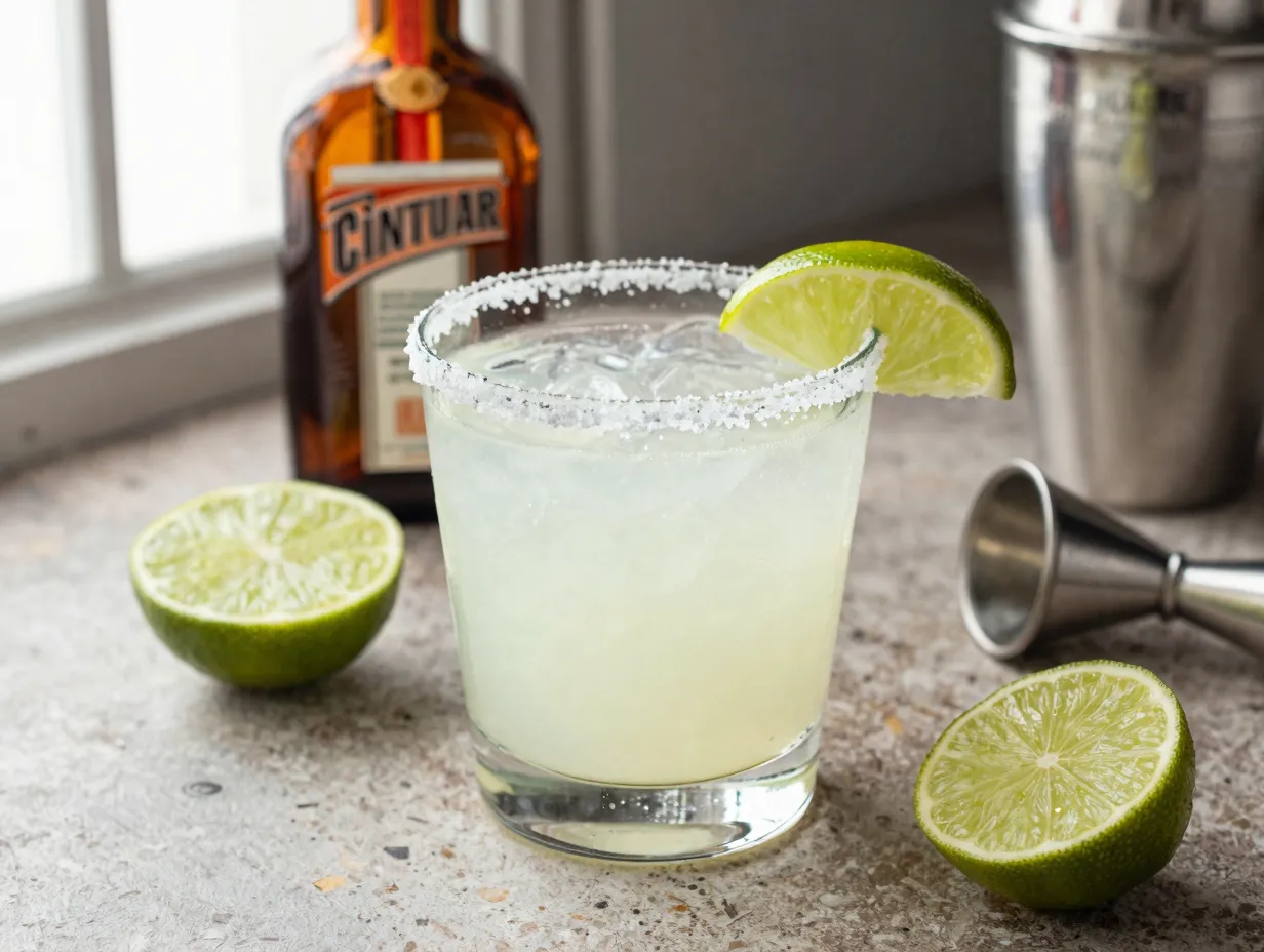 Fresh margarita on a salt rimmed rocks glass with lime