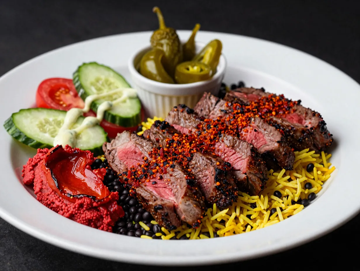 Harissa steak roasted red pepper bowl elegant dinner plate
