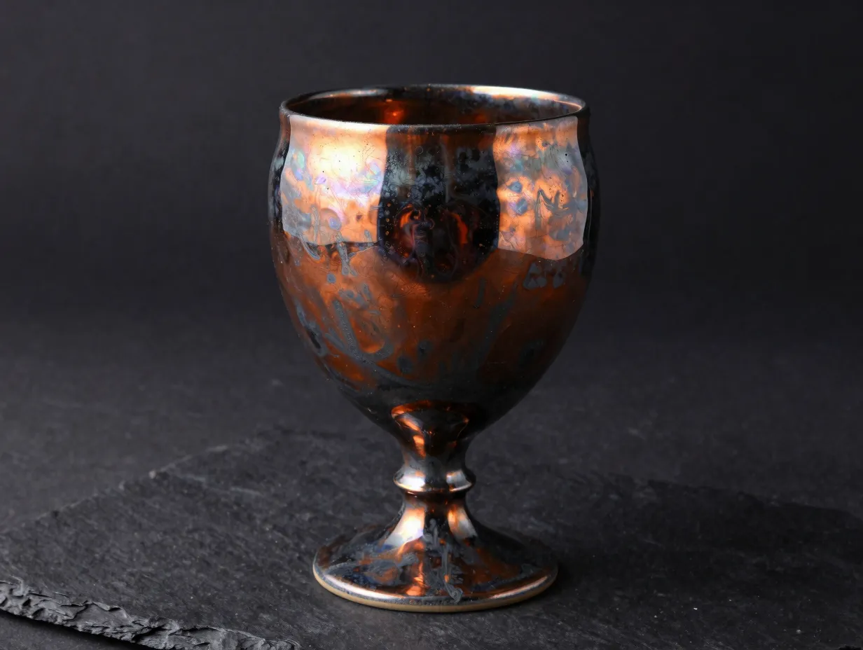 Iridescent raku fired pottery wine glass metallic surfaces
