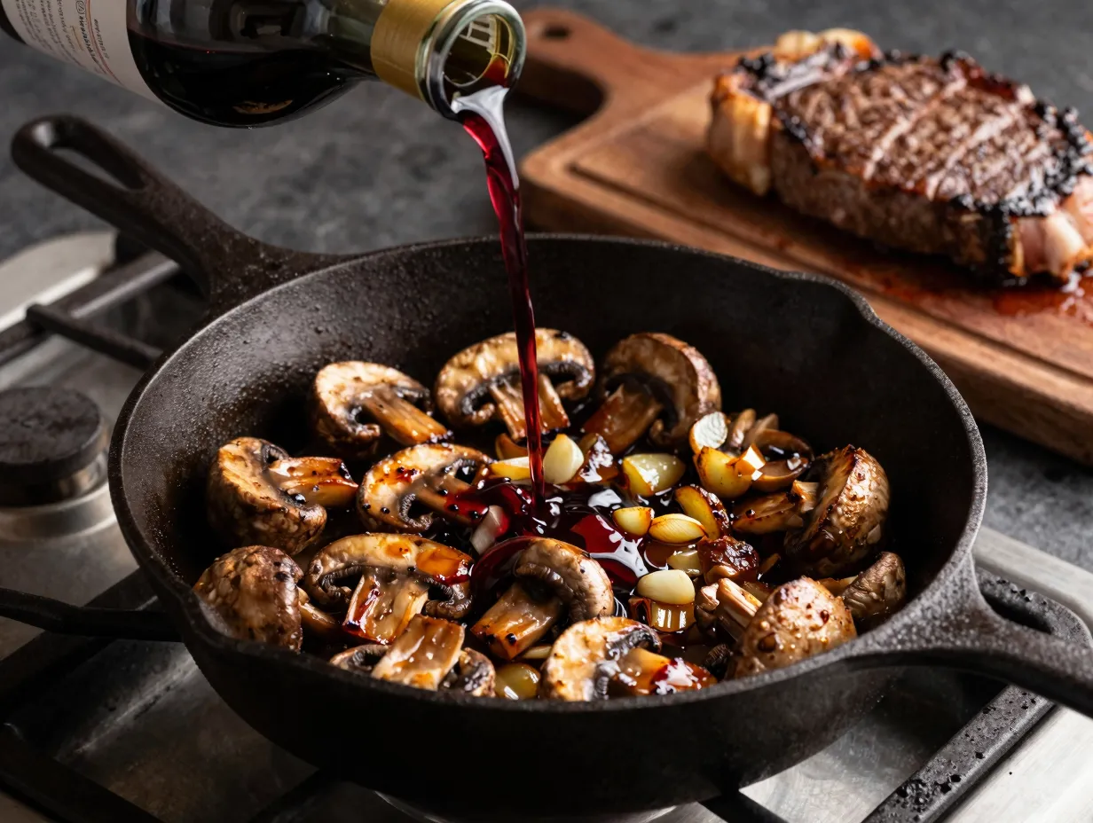 Mushroom cabernet sauce with golden brown mushrooms in skillet