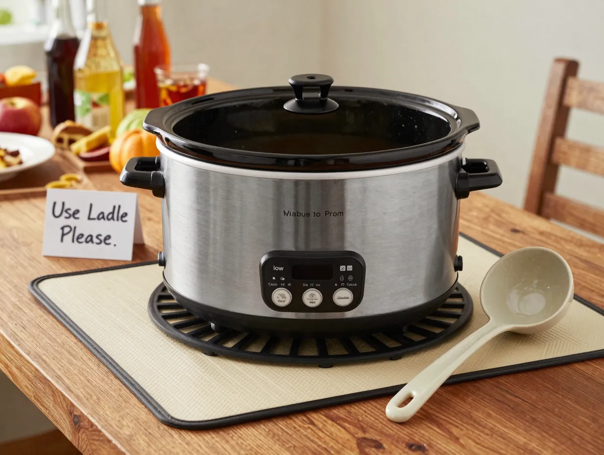 Slow cooker cider station on table with ladle and sign