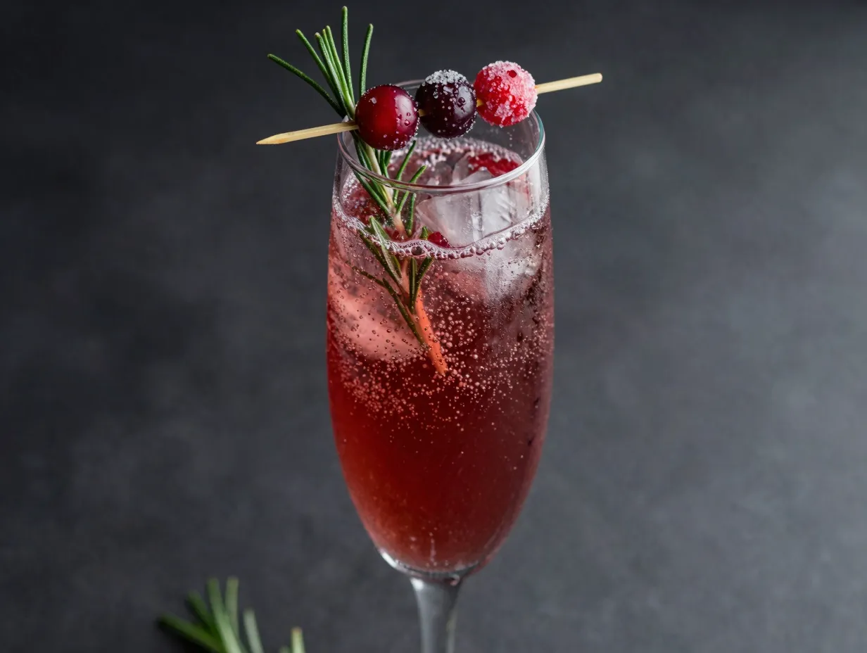 Sparkling cranberry ginger mocktail champagne flute sugared cranberry garnish