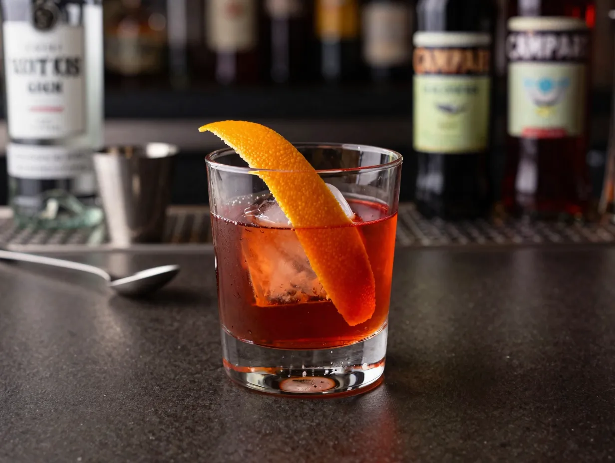 A stirred negroni in a rocks glass with orange peel