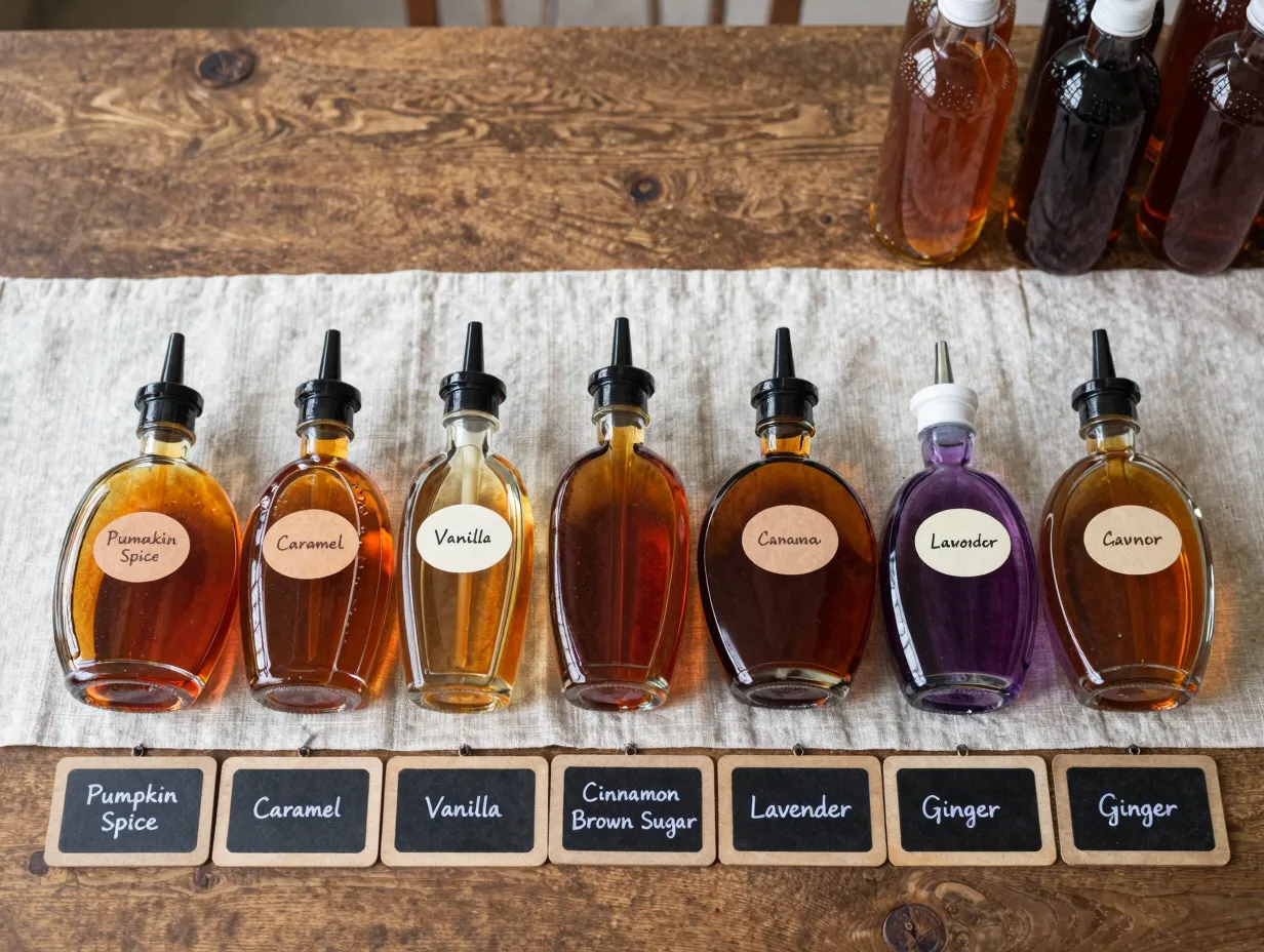 Flavored syrup bar with labeled bottles on linen runner
