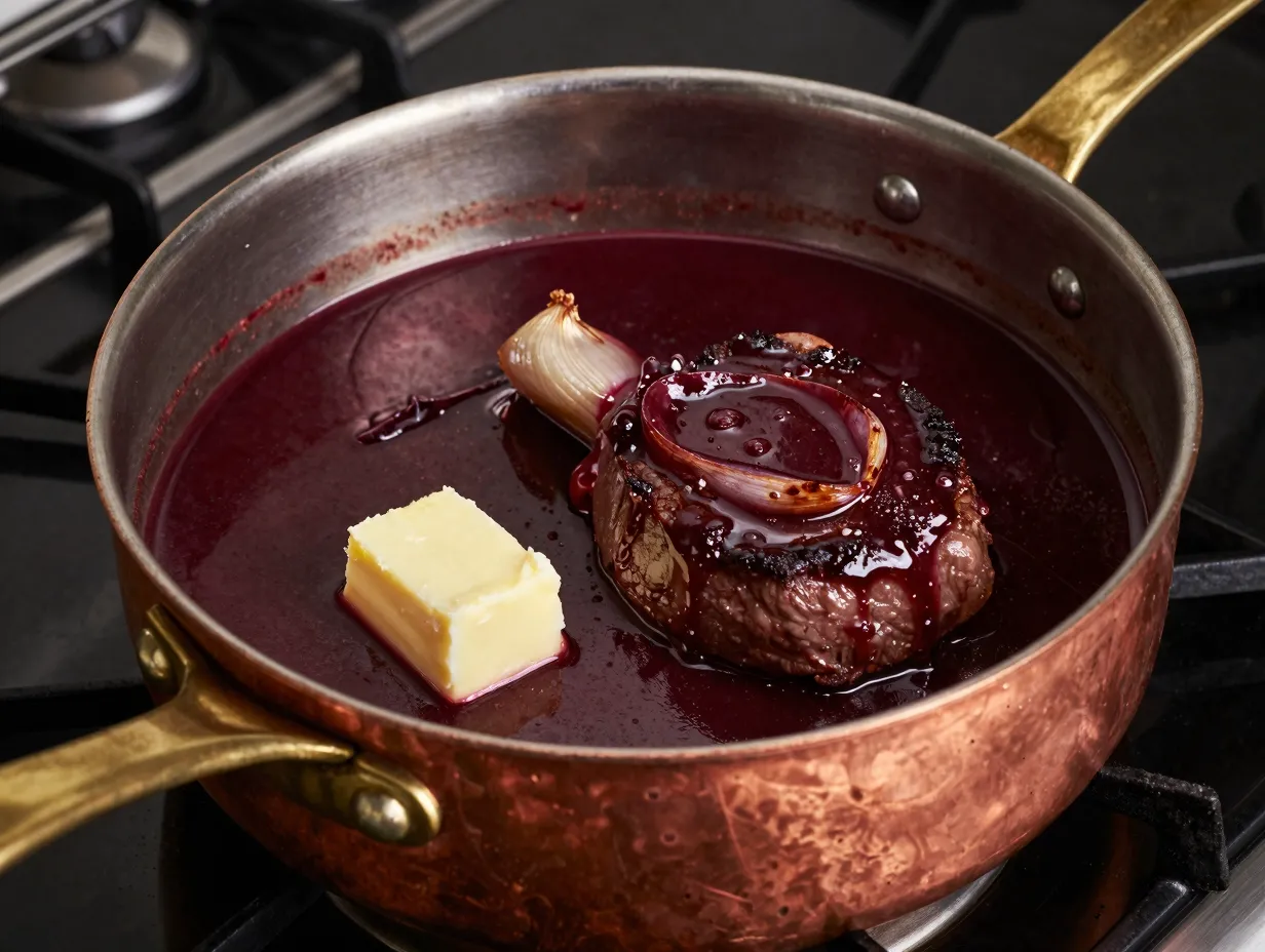 French bordelaise sauce simmering in copper saucepan
