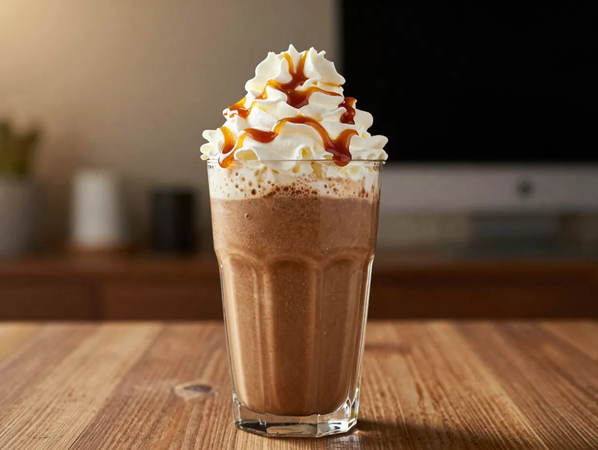 Frozen caramel macchiato slushie with whipped cream topping