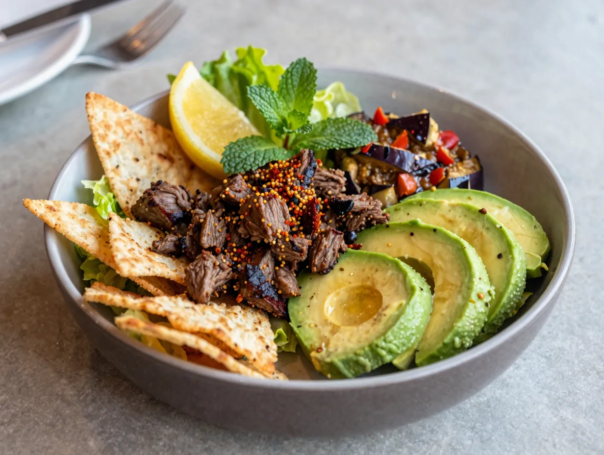 Spicy lamb avocado bowl casual dining table setting