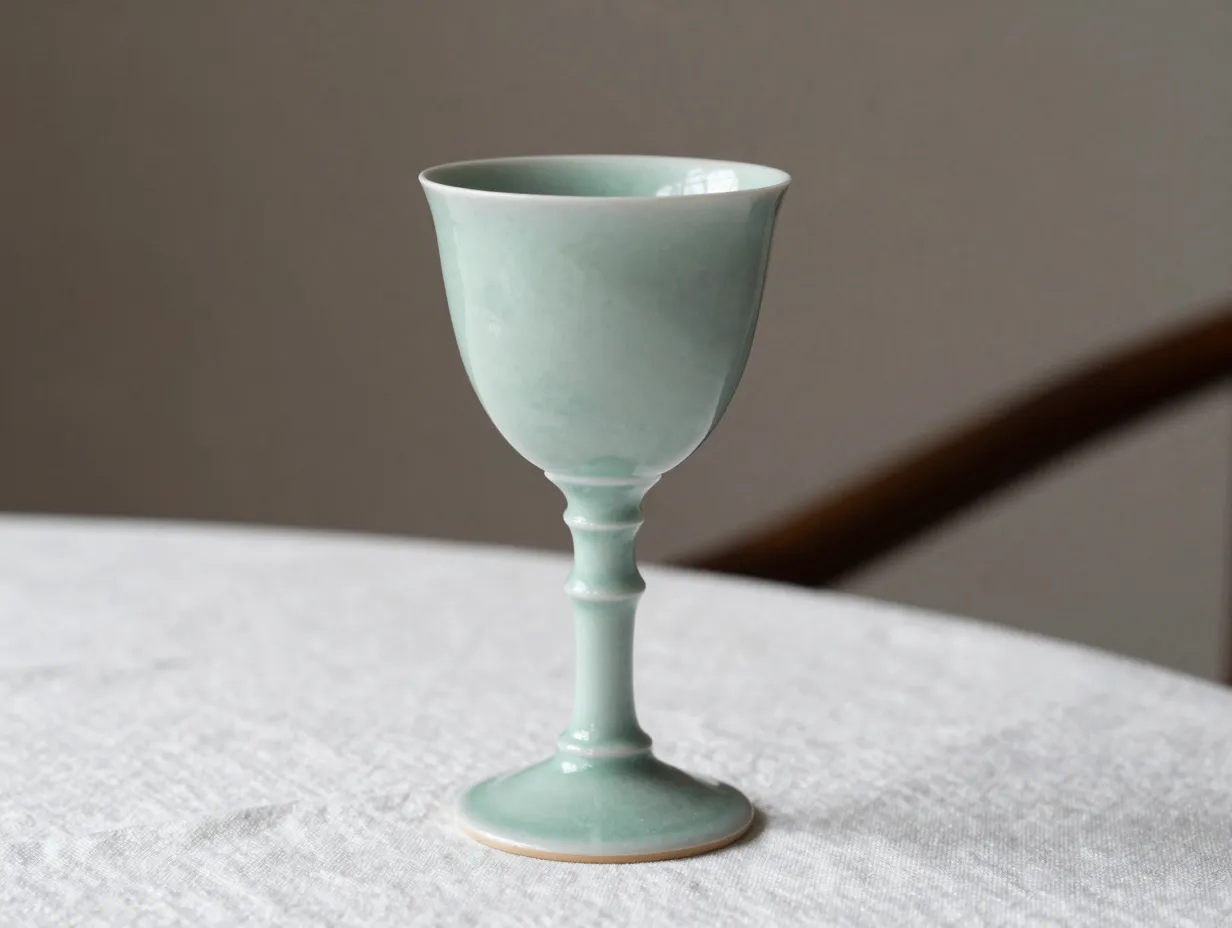 Translucent celadon glazed porcelain wine stem formal linen