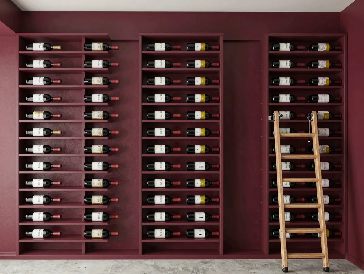 Vertical wall mounted wine rack display from floor to ceiling