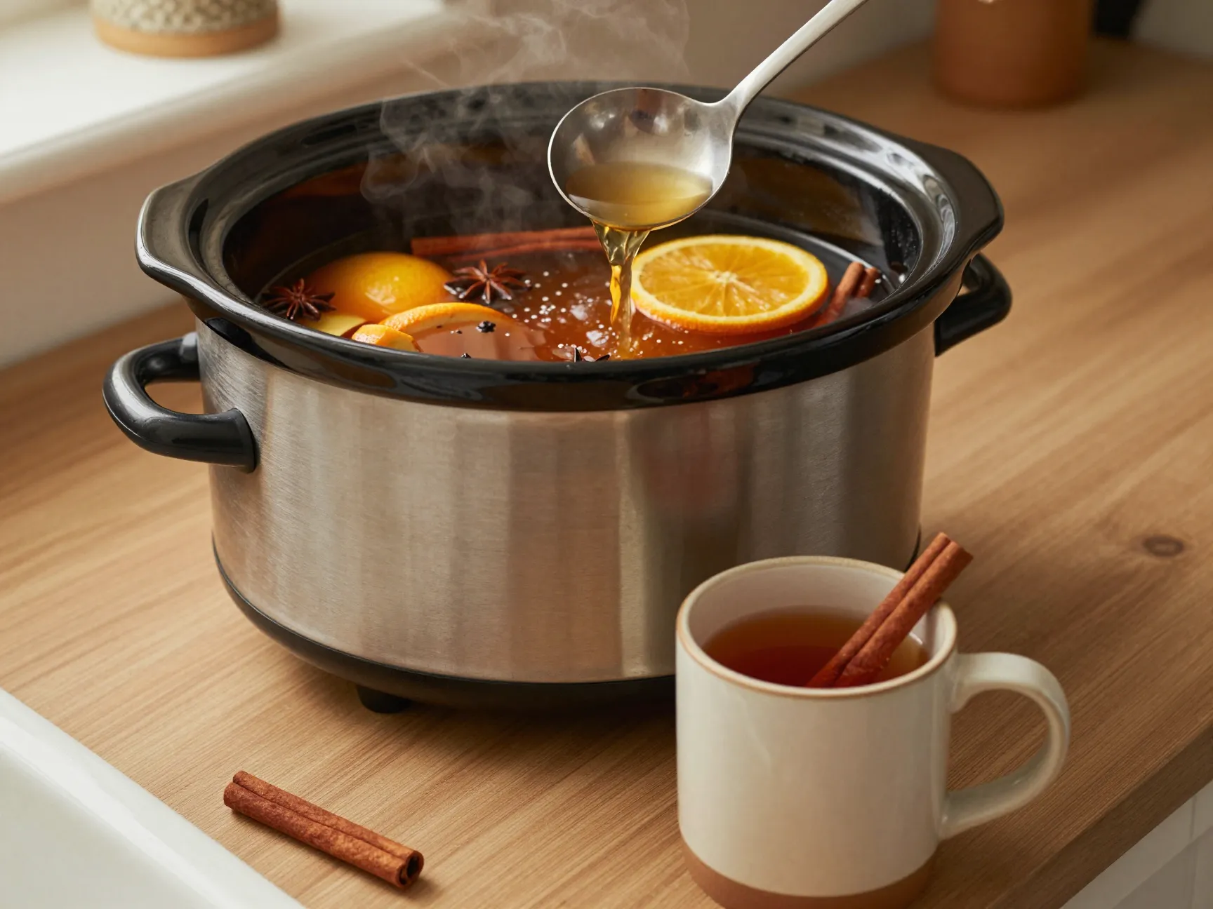 Warm spiced apple cider simmering slow cooker mug cinnamon stick