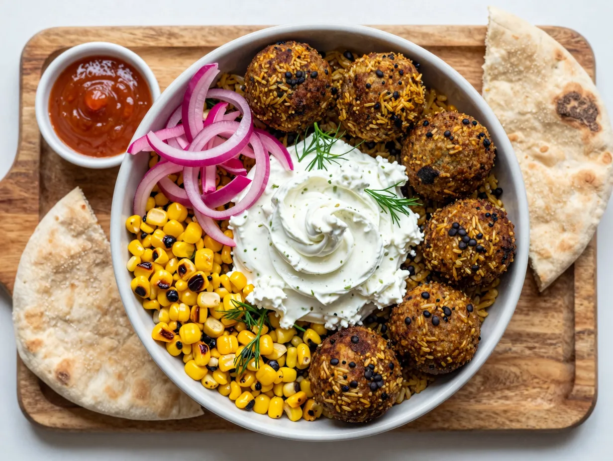 Falafel crazy feta vegetarian bowl rustic wooden board