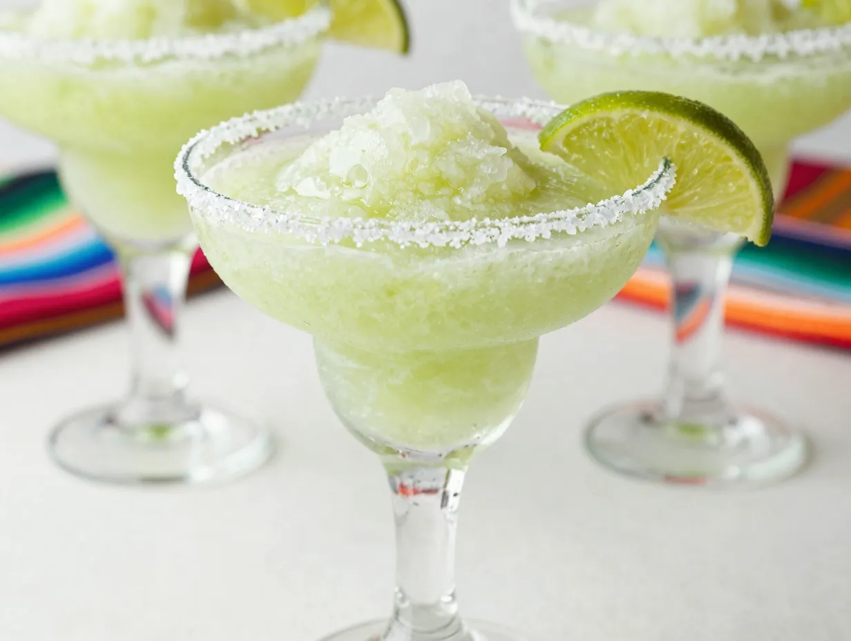 Frozen lime margarita mocktail with salted rim and garnish