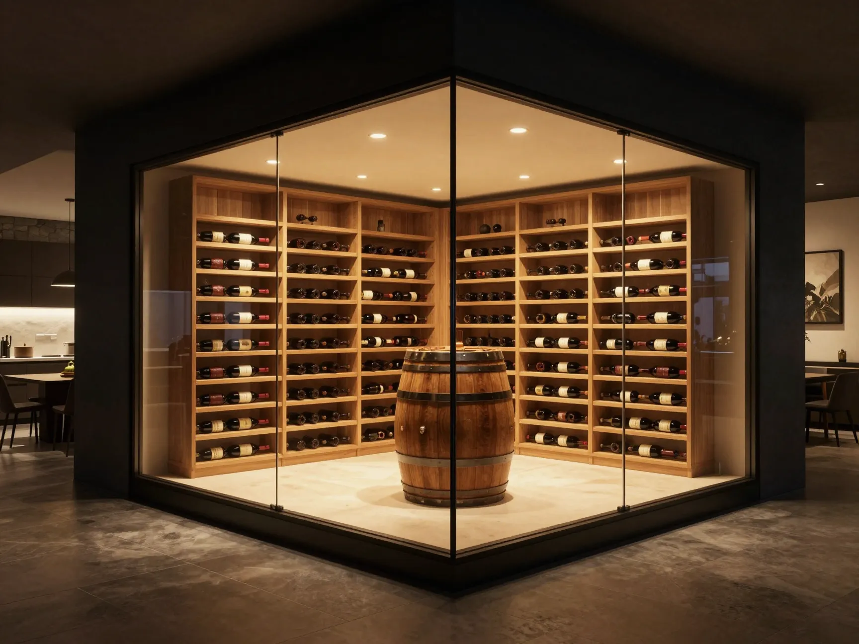 Glass enclosed wine cellar showcase visible from adjacent room
