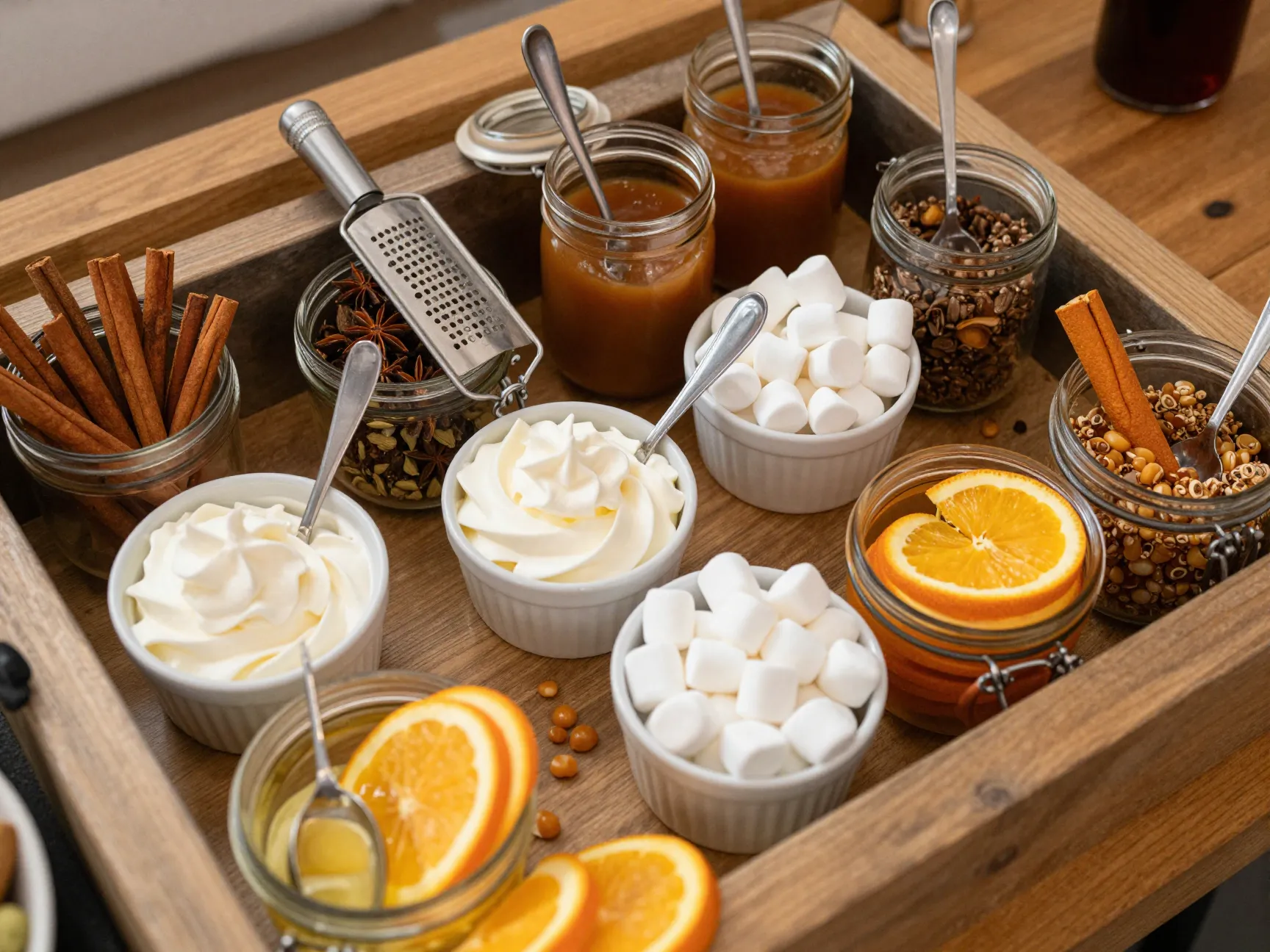 Organized toppings bar with whipped cream and spices
