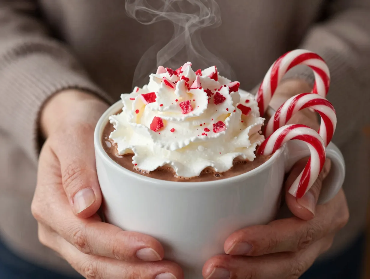 Peppermint hot chocolate whipped cream crushed candy cane mug