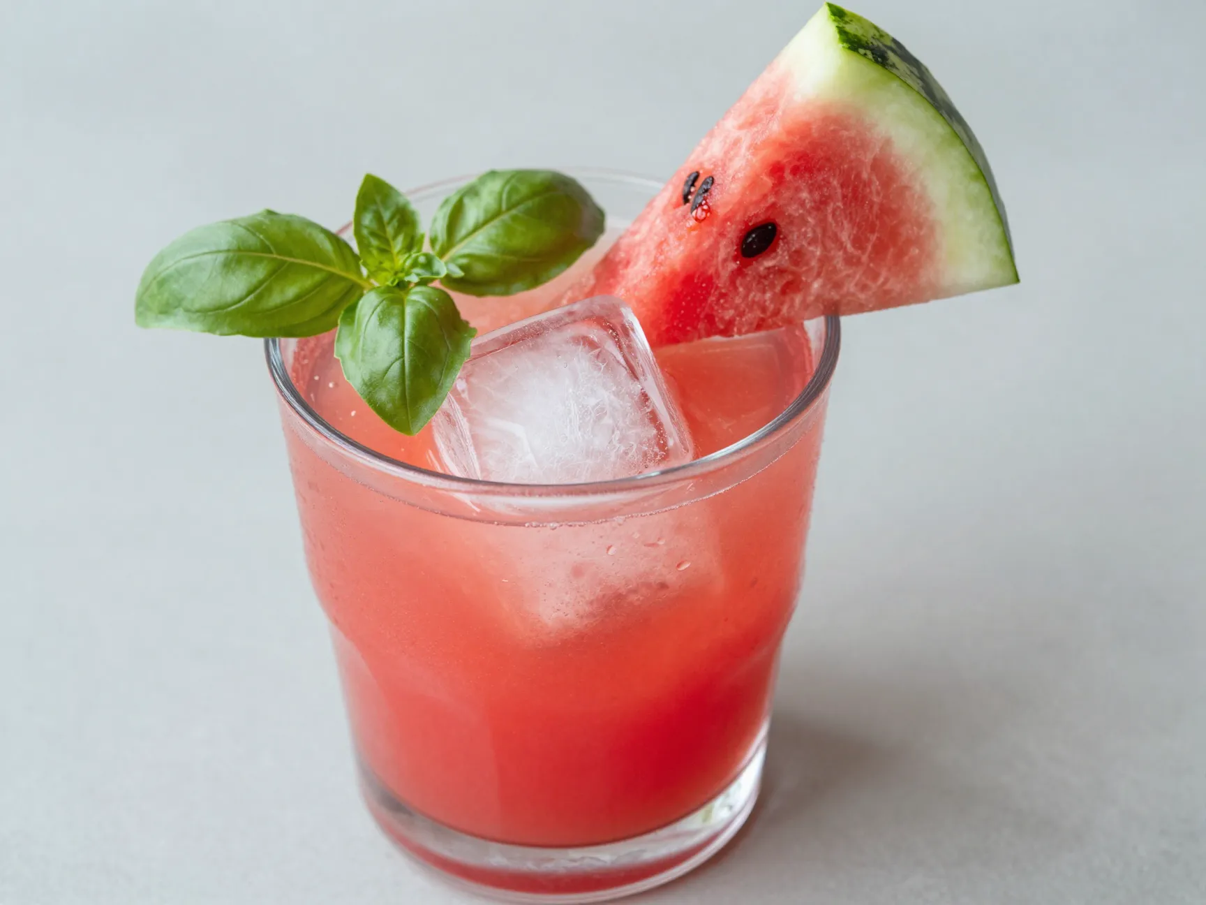 Watermelon aqua fresca cooler with large ice cube and basil