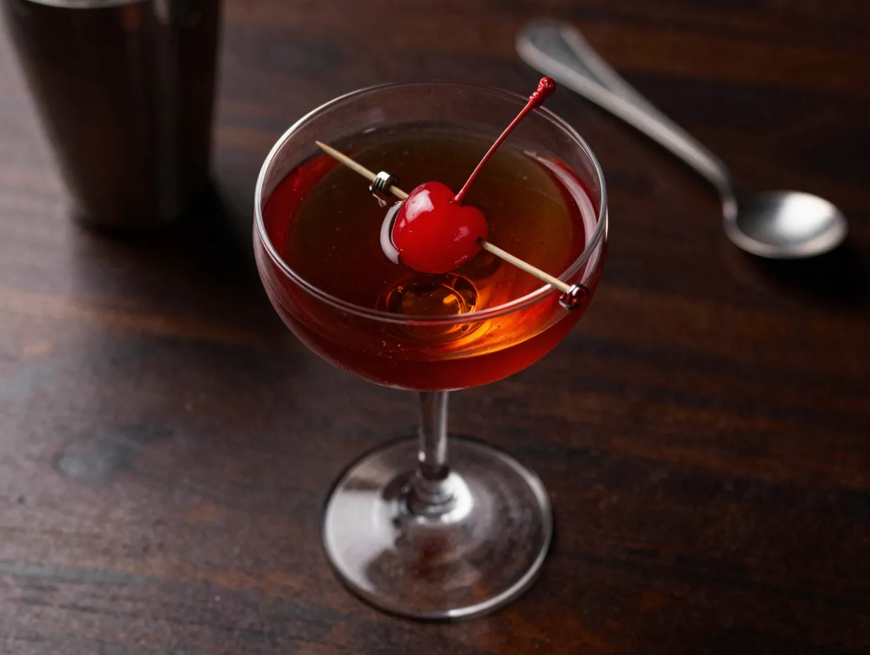 A stirred manhattan in a coupe glass with a cherry