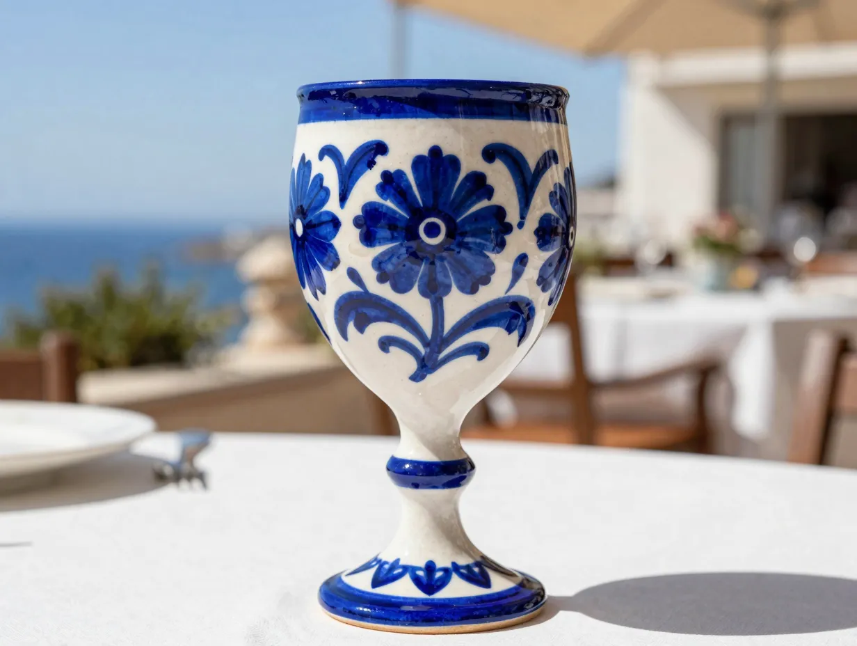 Cobalt blue majolica wine goblet floral motifs