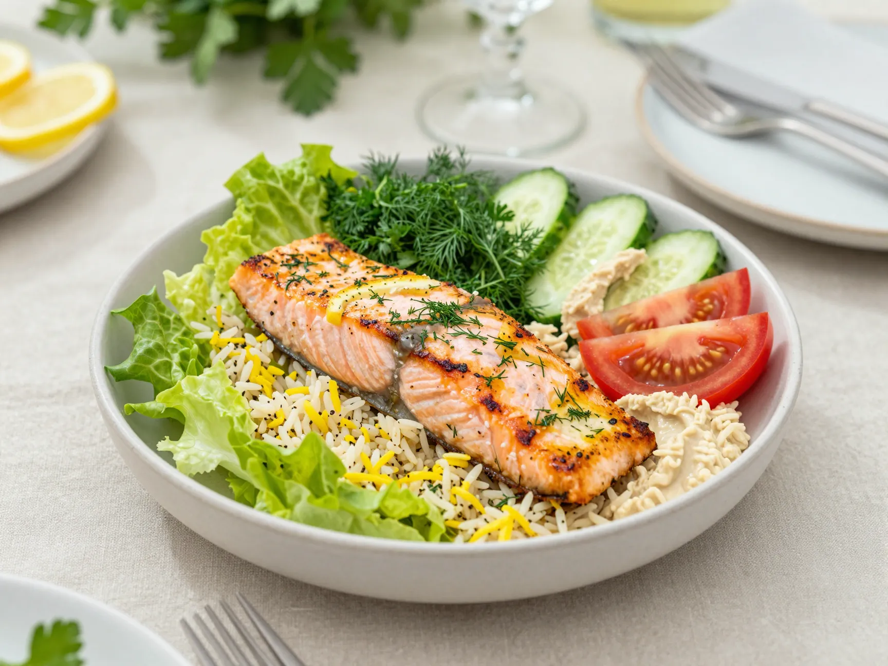 Lemon herb grilled salmon bowl spring garden party table
