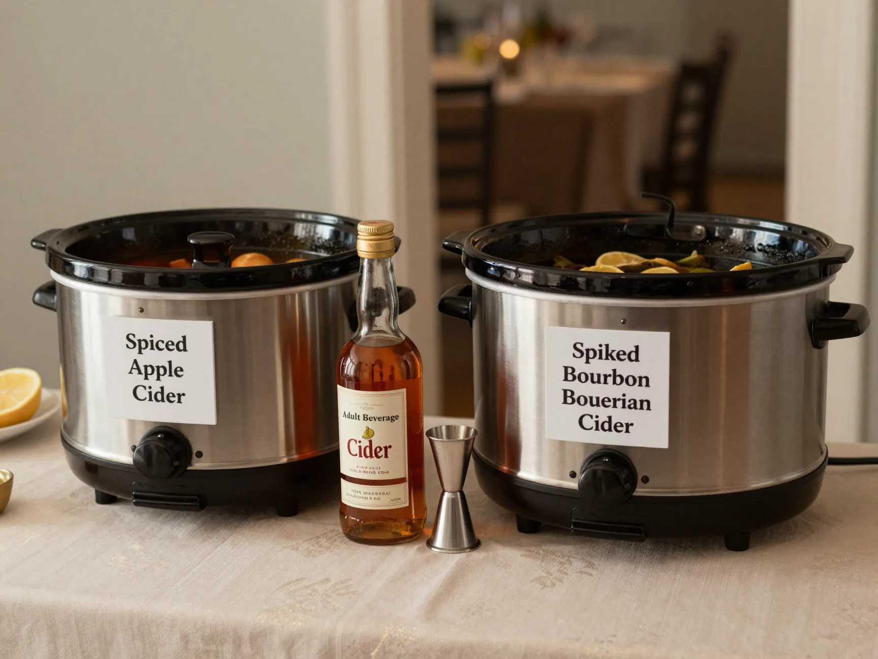 Non alcoholic and spiked bourbon cider slow cookers side by side