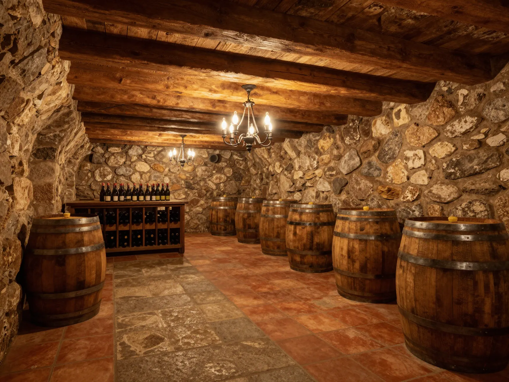 Rustic stone grotto cellar with wooden beams and barrels