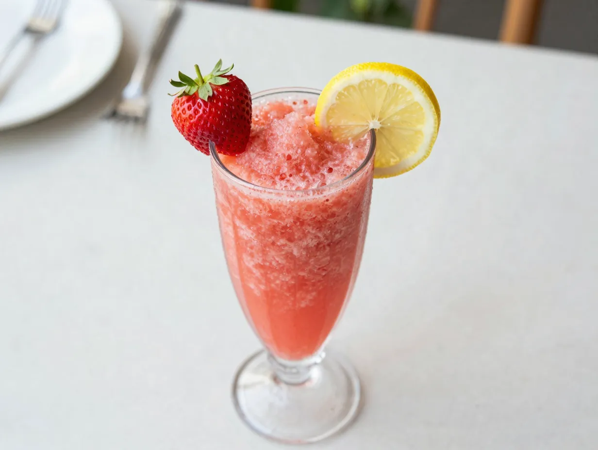 Strawberry lemonade slushie in tall glass with fruit garnish