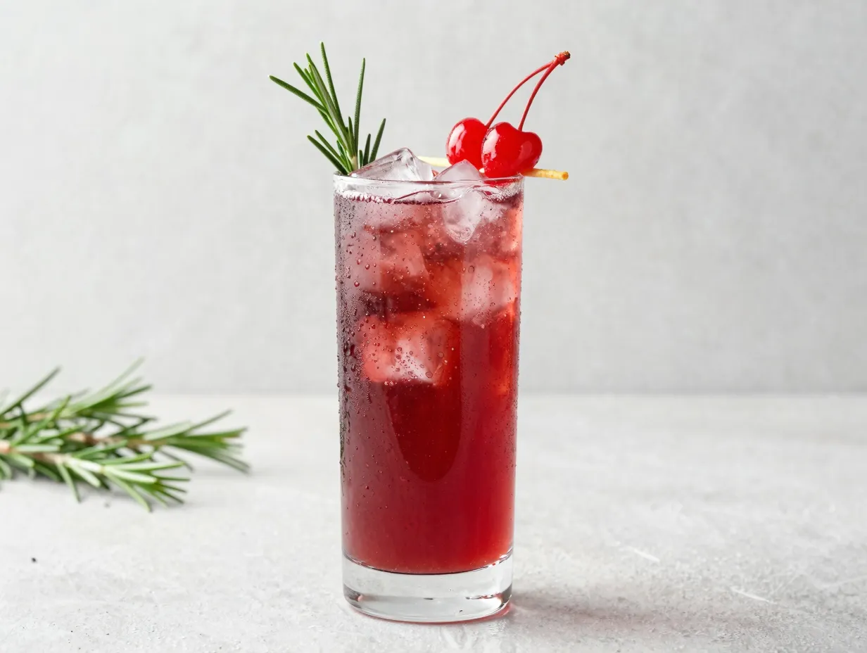 Christmas shirley temple tall glass maraschino cherry rosemary