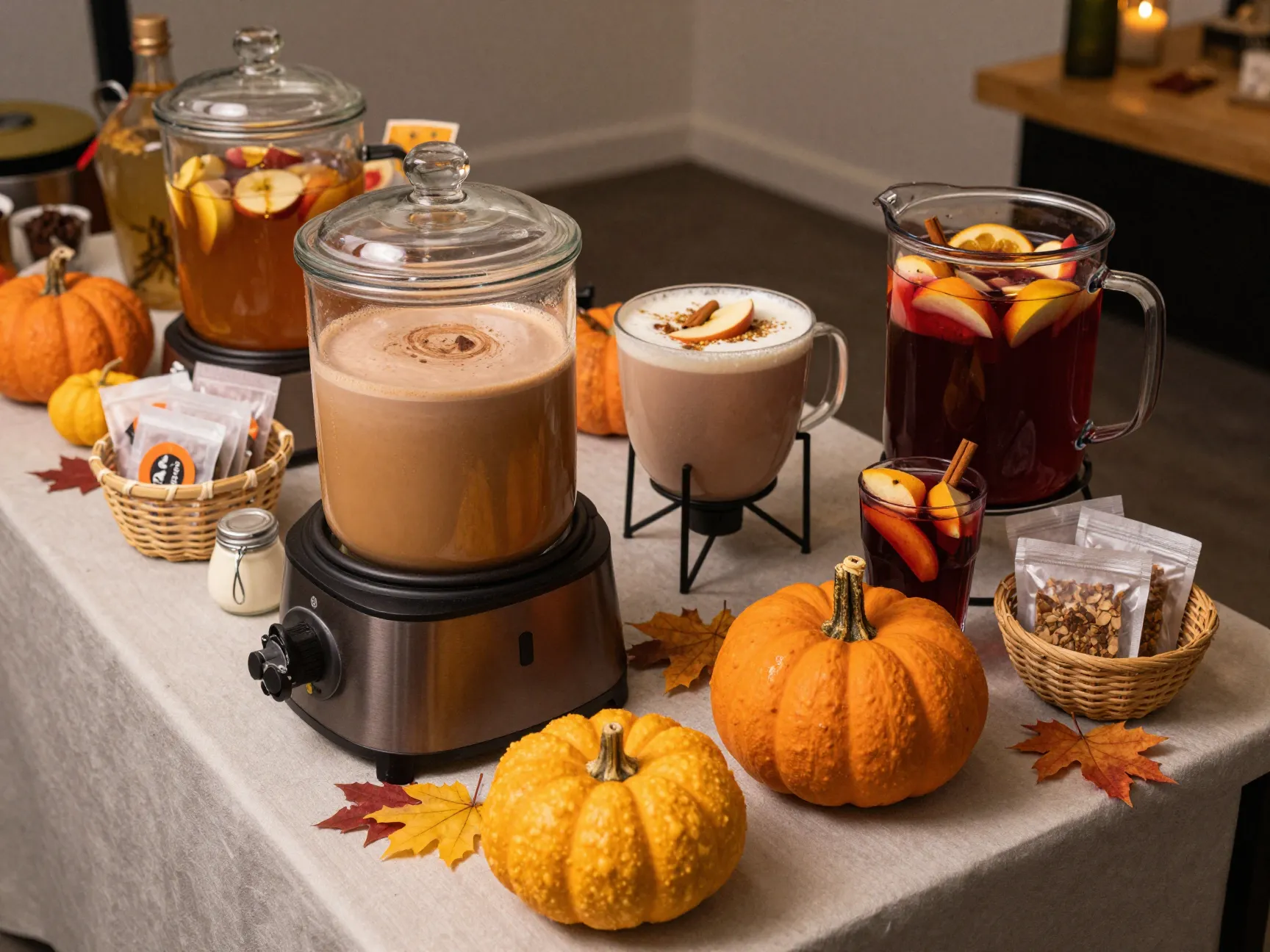 Expanded beverage station with pumpkin hot chocolate and sangria
