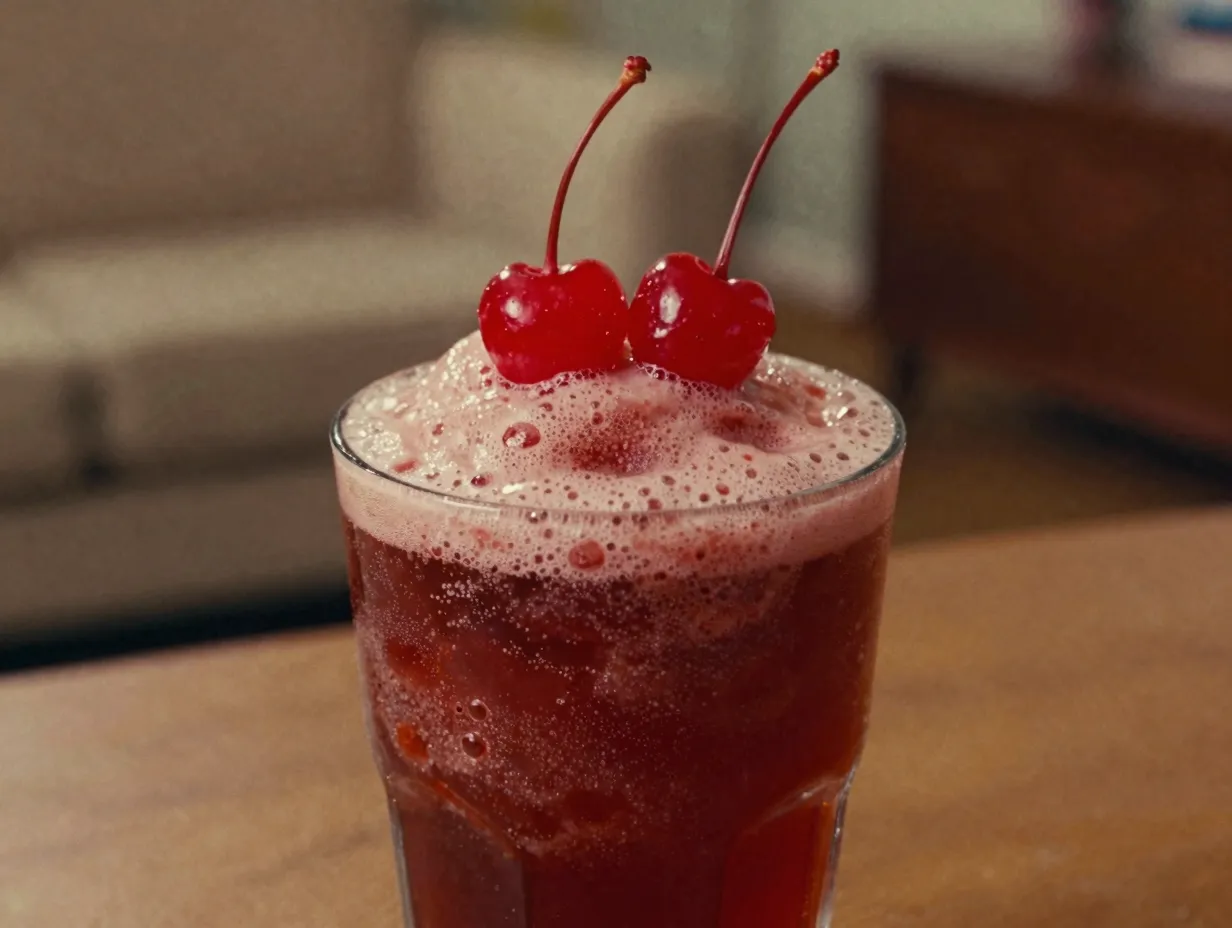 Homemade cherry cola slushie with marashino cherry garnish