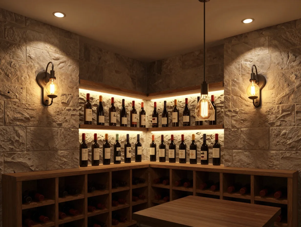 Layered cellar lighting design with sconces and pendant lights