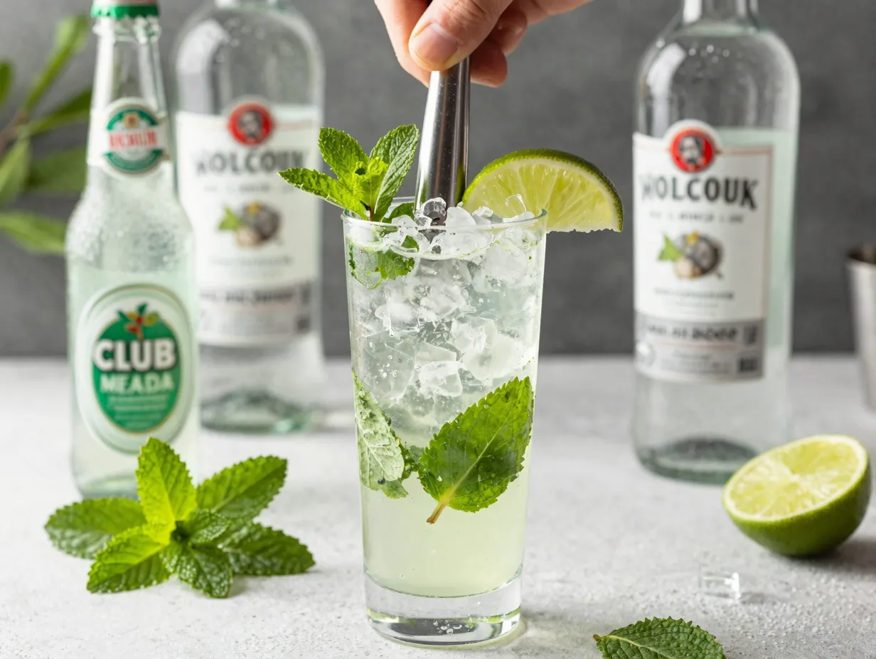Muddled mint mojito in a highball glass with crushed ice