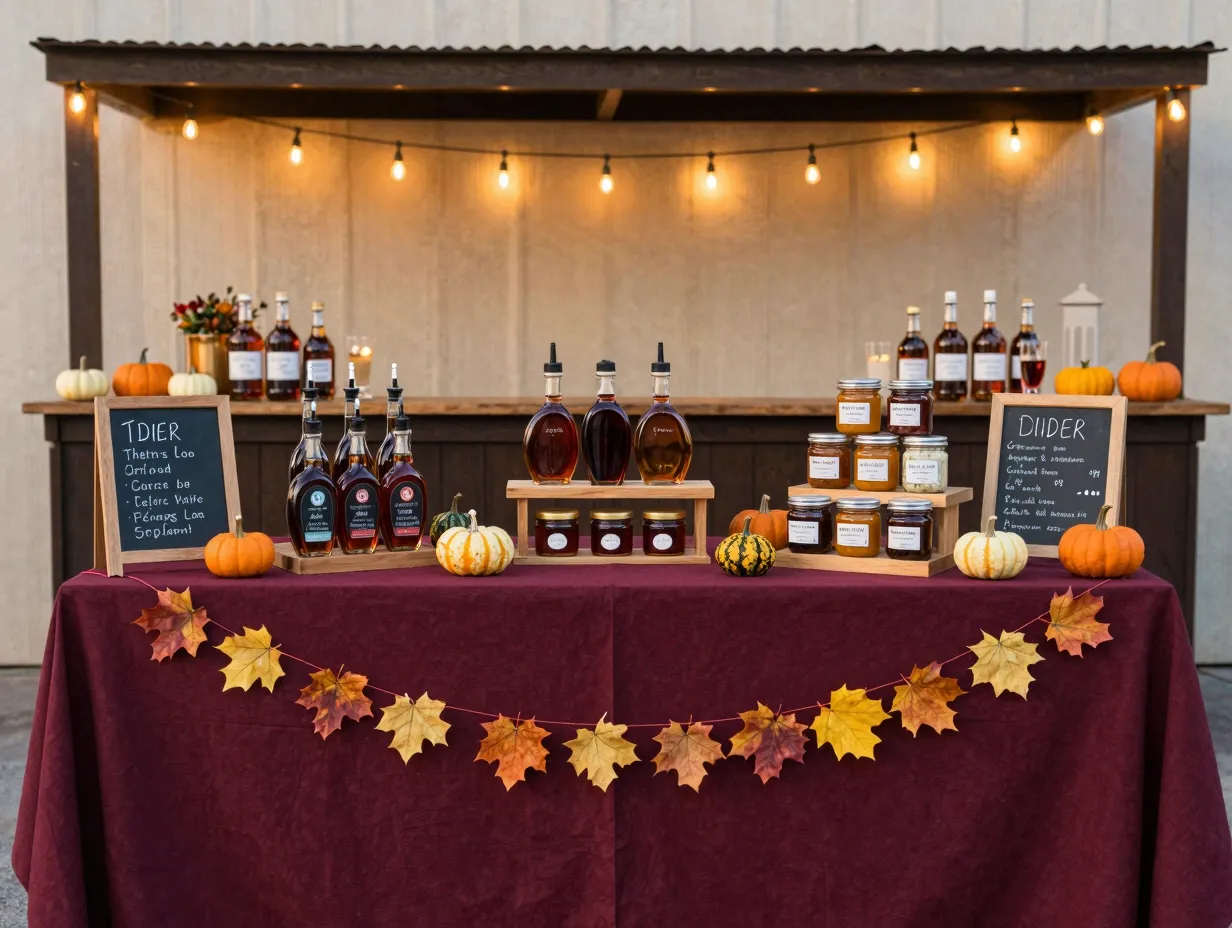 Fully decorated cider bar with pumpkins leaf garland and lights