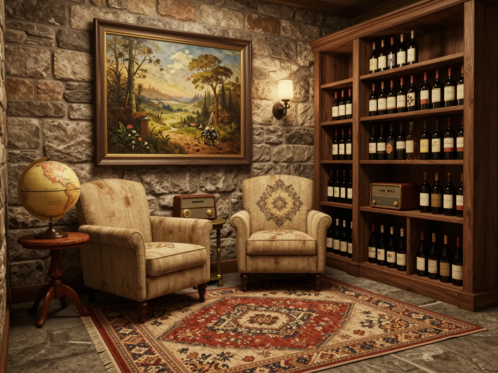 Personalized wine cellar with artwork armchair and decorative rug