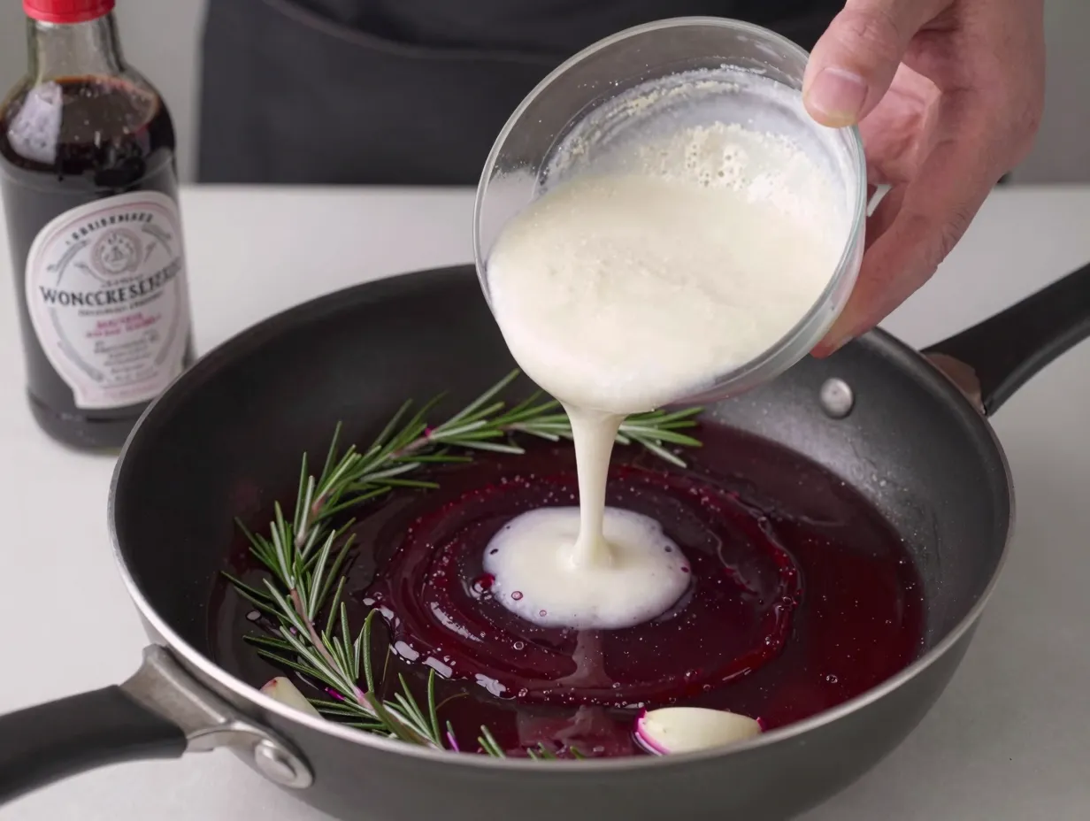 Red wine and rosemary sauce thickened with cornstarch slurry