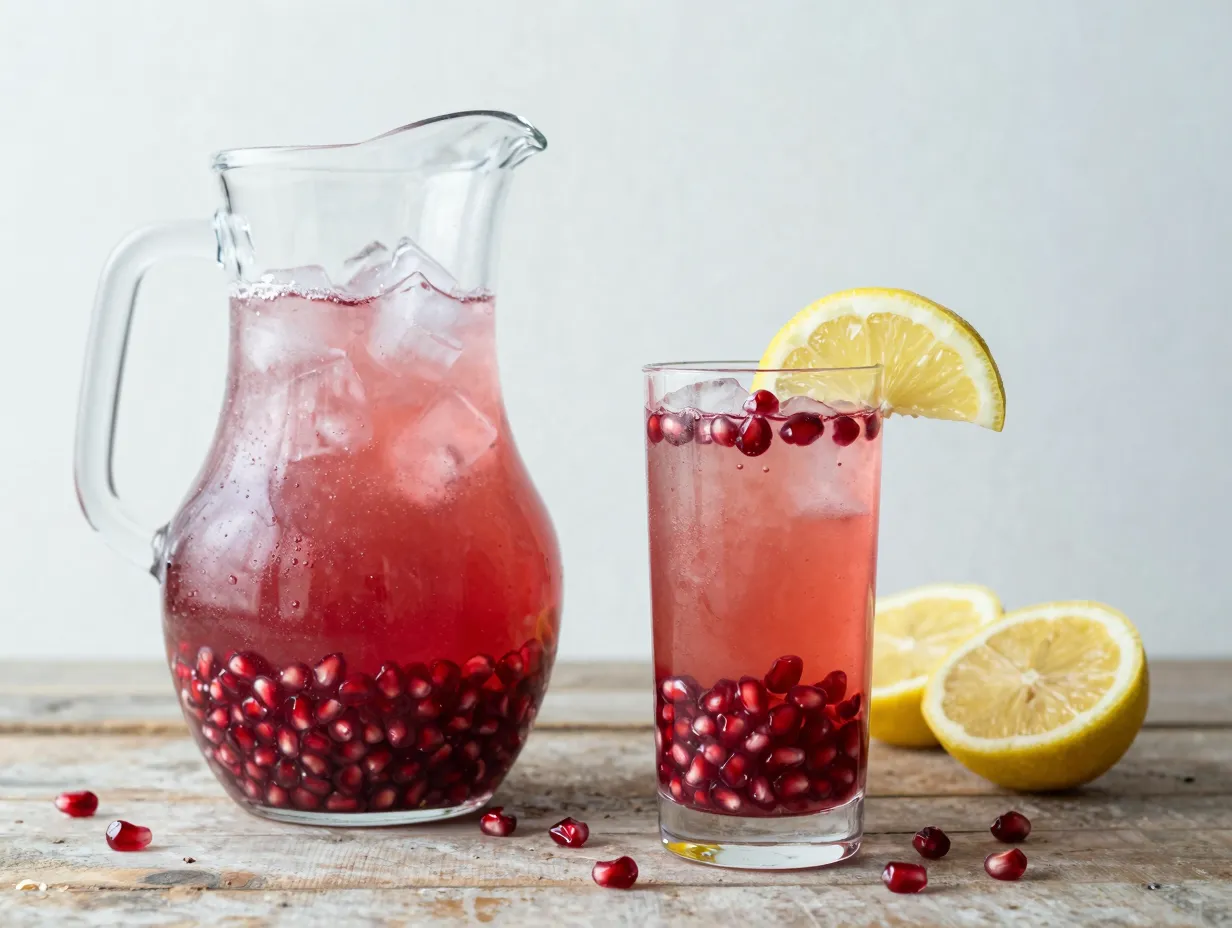 Sparkling pomegranate lemonade pitcher pomegranate seeds lemon wheel