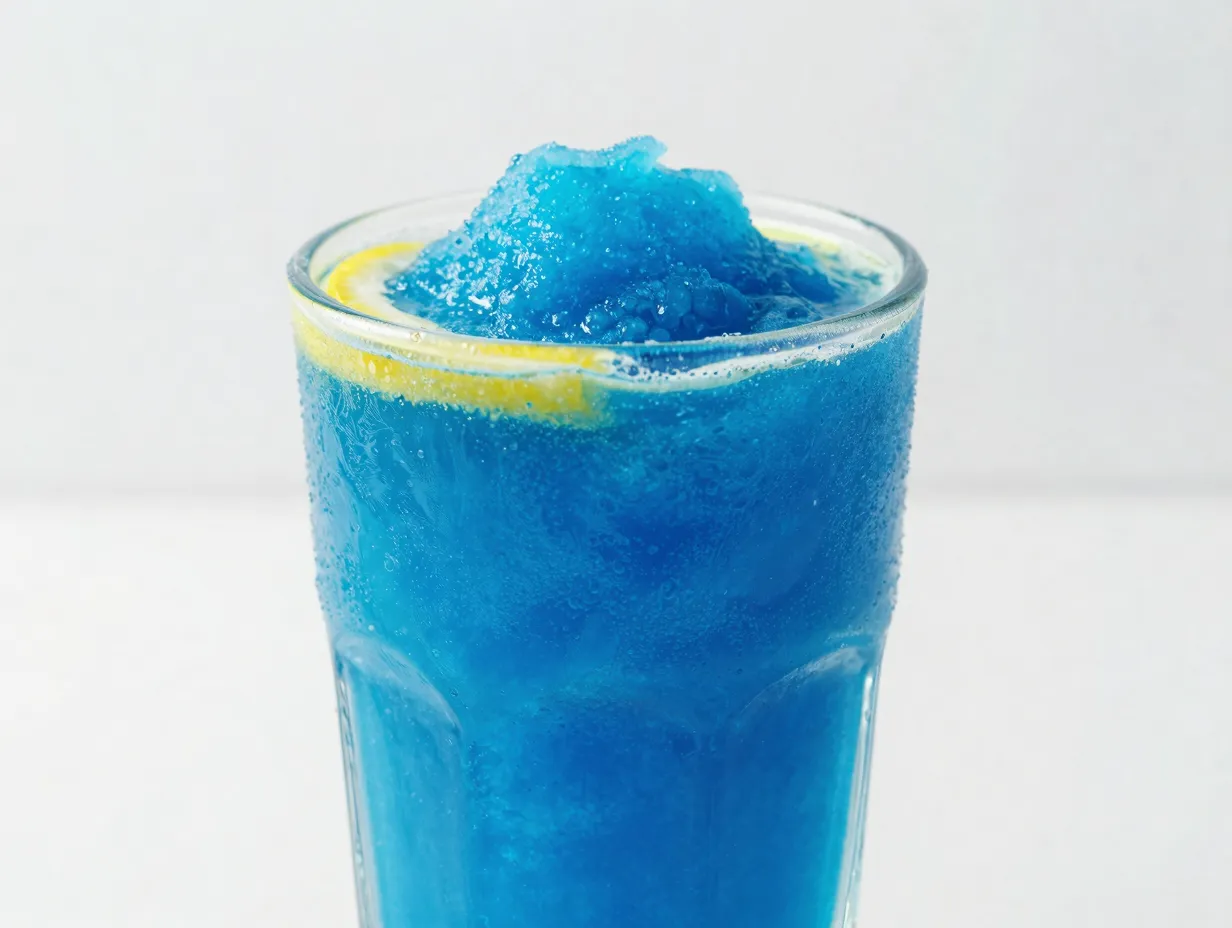 Viral electric blue raspberry slushie in clear glass