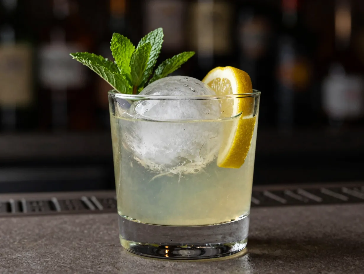 Zero proof spirit smash with mint lemon and clear ice sphere