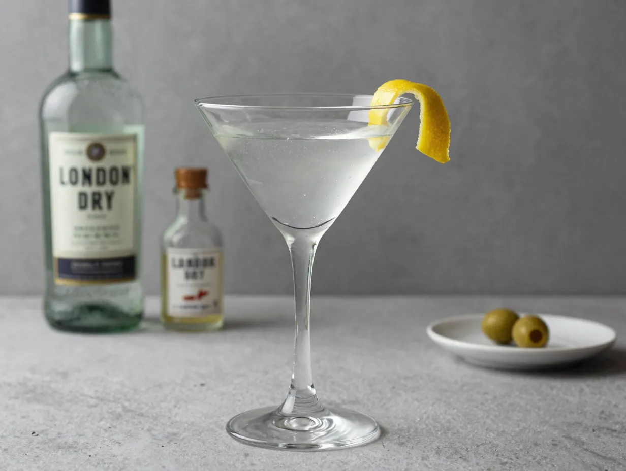 A classic dry gin martini with a lemon twist in a martini glass